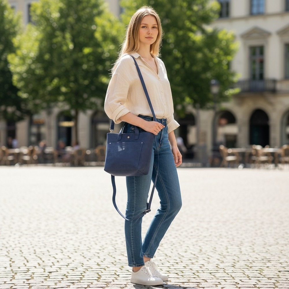Portland Leather Goods Mini Crossbody Tote Navy Blue Leather Handbag
